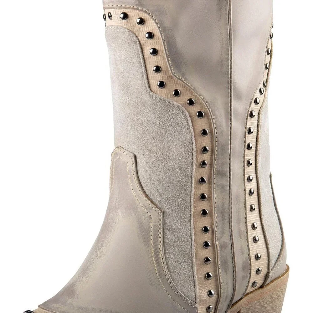 Unisex White Cowboot Pointed Toe Pull On Mid Calf Fashion Dress Boots